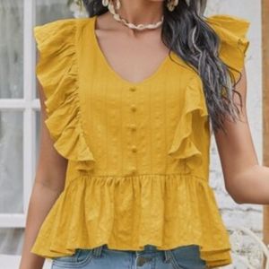 SHEIN Yellow Ruffle Cotton Crepe Peplum Blouse